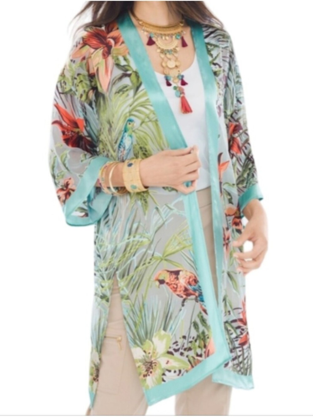 Chico's Tropical Bird Floral Sheer Kimono S/M Silk Blend Velvet Burnout Cover Up